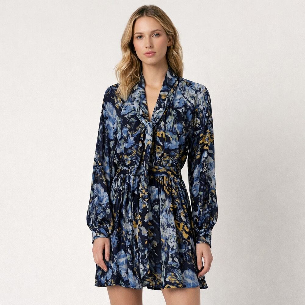 Rachel Zoe Arielle silk shirt dress blue "multi oil paint" print Size 10
